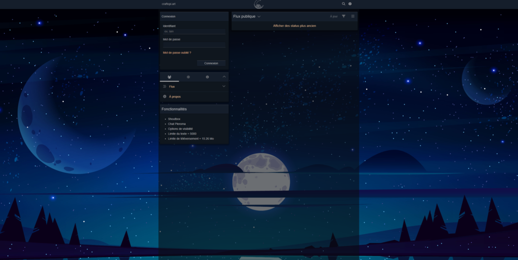 screenshot de l'interface Pleroma. Elle est sombre, on voit au fond une illustration de paysage nocturne quelque peu alien car il y a deux très grosse planètes visibles et, au centre, une pleine lune.