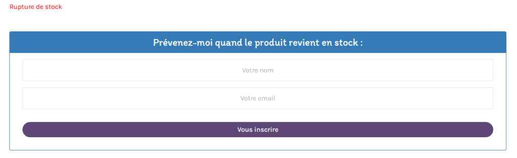 Screenshot du formulaire de demande pour être tenu au courant du retour en stock d'un produit.